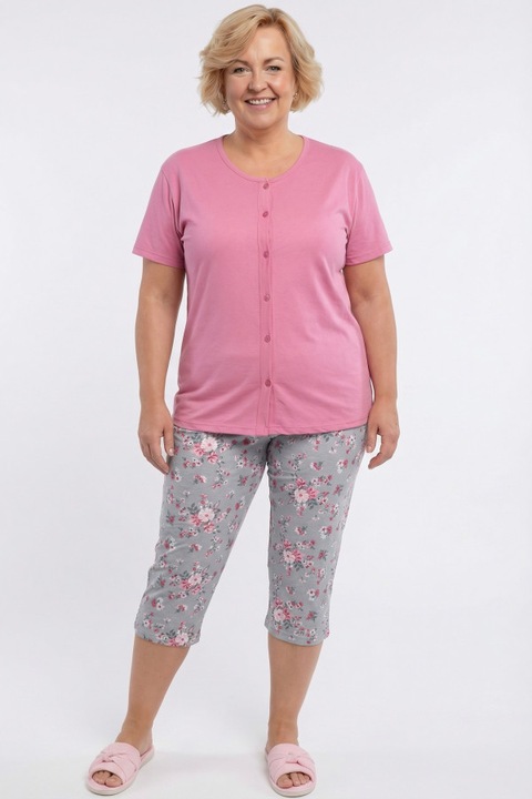 Pijama multicolor MDR24, bumbac, bluza cu nasturi, pantaloni 3/4, marime 50 EU