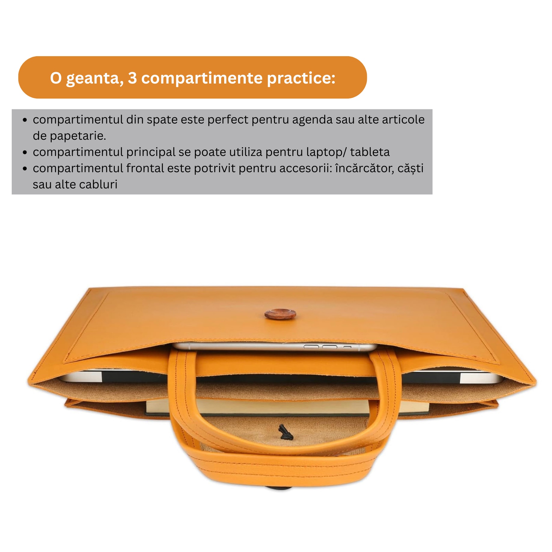 Geanta pentru laptop, tip servieta, 3 compartimente, piele ecologica, 16 inch, compatibila cu MacBook, galben, AleFla Eshop