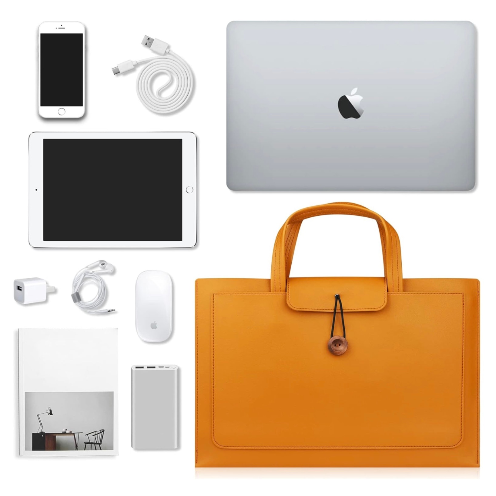 Geanta pentru laptop, tip servieta, 3 compartimente, piele ecologica, 16 inch, compatibila cu MacBook, galben, AleFla Eshop
