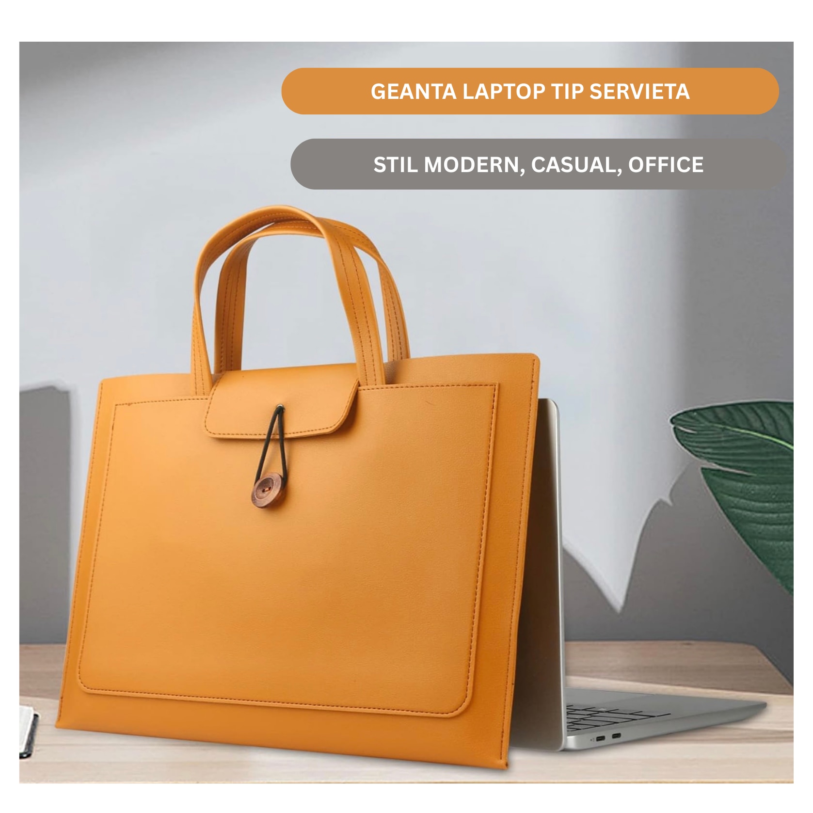Geanta pentru laptop, tip servieta, 3 compartimente, piele ecologica, 16 inch, compatibila cu MacBook, galben, AleFla Eshop