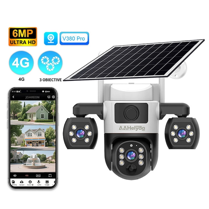 Camera Supraveghere Solara AAHelyda 4G, 3 Lentile 240° + PTZ 355°, 6MP UHD, Night Vision Color, AI Urmarire Umana, Audio Bidirectional, Panou Solar 8W, Baterie 8000mAh, IP66, Stocare Cloud + TF, Fara WiFi