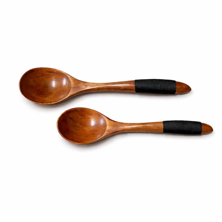 Set 2 Lingurite din Lemn Natural 17 cm pentru Miere, Cafea si Desert, Lingurite Stil Japonez, Maner Infasurat cu Fir Negru, LGCHome®