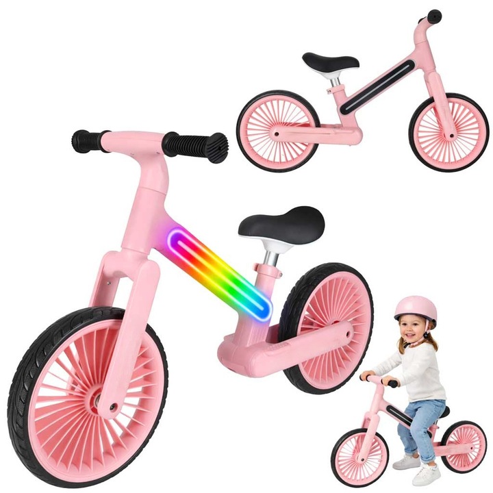 Баланс колело за деца - NeoGlow Balance Bike Indiggo@, RGB LED осветление 20 режима, Устойчиви EVA колела 12 инча, Регулируема седалка, Лека рамка 3.6 кг, 2+ години, Розово