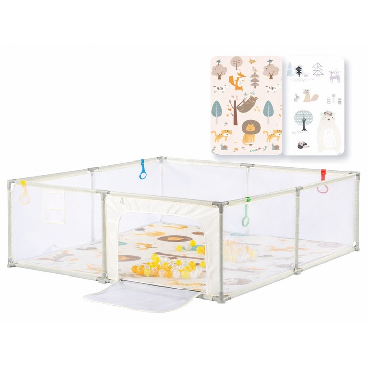 Tarc de joaca Nichiduta Forest Beige 200x200x65cm, cadrul metalic, pereti din plasa, acces cu fermoar, 4 inele ajutatoare, covoras din spuma cu doua fete si 100 de bile incluse