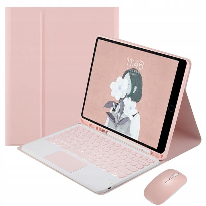 Калъф с клавиатура и мишка за Apple iPad 7/8, розов, 10.2", с тъчпад, пълен комплект