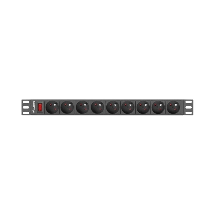 Захранващ разклонител PDU Lanberg 1U, 16A, 9 френски контакта NF C 61-314, вход uni-schuko 16A с прекъсвач, кабел 3м 1.5мм², черен, 1 бр