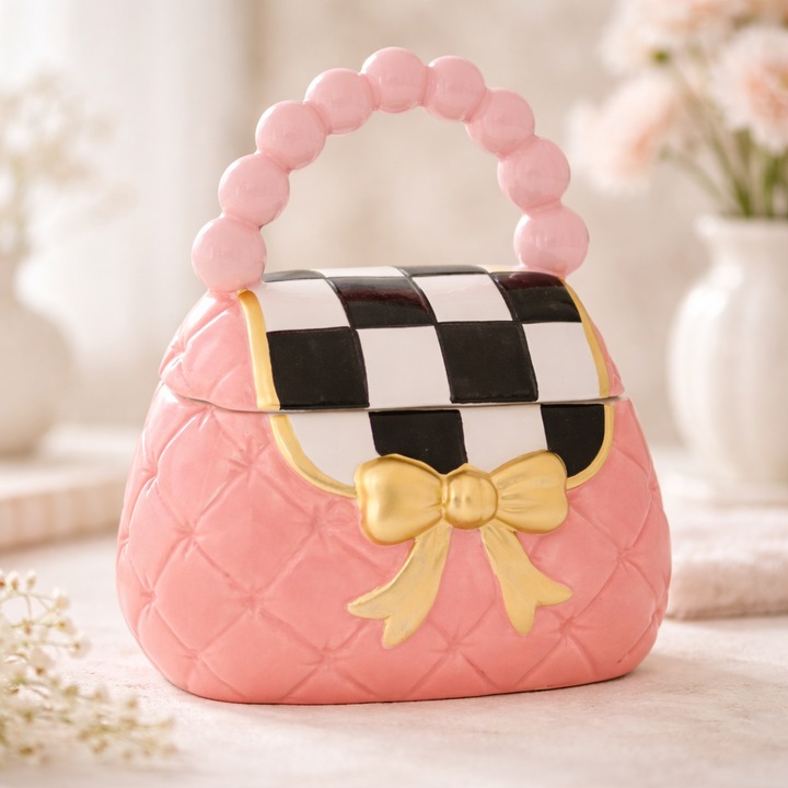 Cutie decorativă tip poșetă roz, Iliadis Alexandros, capac cu model clasic, fundă aurie, maner cu perle