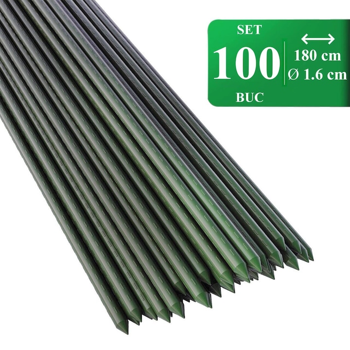 Set 100 araci/suport pentru rosii, castraveti, fasole, metal + PVC, verde, 180x1.6 cm, Artool