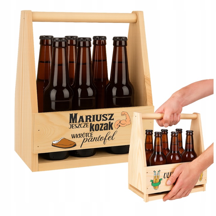 Ladă din lemn pentru 6 sticle de bere, SuperButelki, personalizabilă, 33x25x17cm