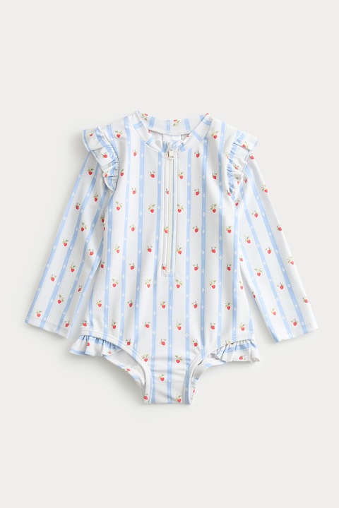 Marks & Spencer, Costum de baie cu maneci lungi si model in dungi, Rosu/Alb/Albastru