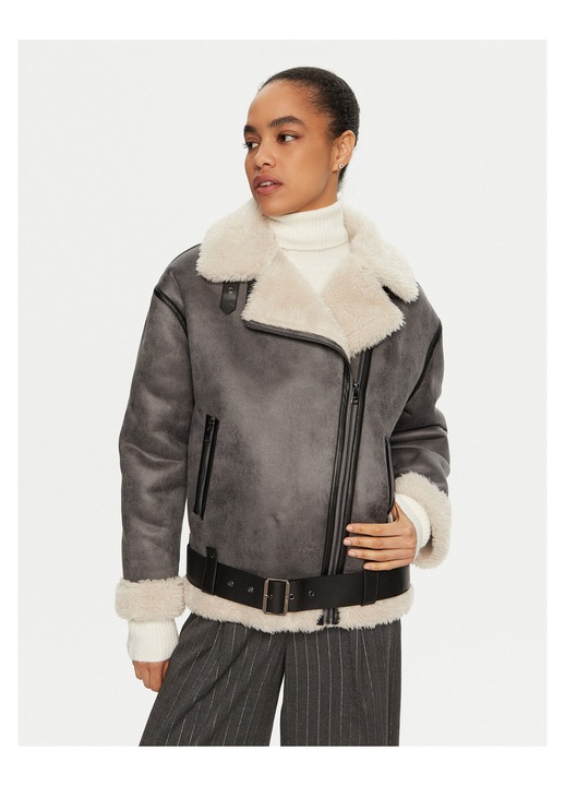 Palton dama, Liu Jo, blana artificiala, gri, poliester, cu fermoar, Gri, 44