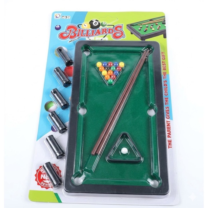 Masă de biliard mini pentru copii, cu 17 bile și 2 tacuri, 33x26cm