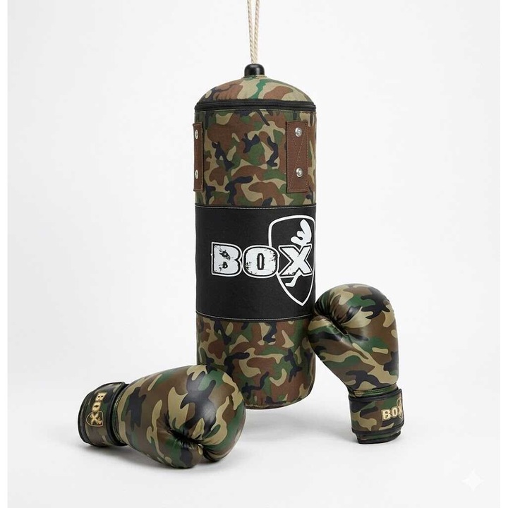 Детска боксова круша с военен дизайн и чифт ръкавици, 55 × 28 × 20 см
