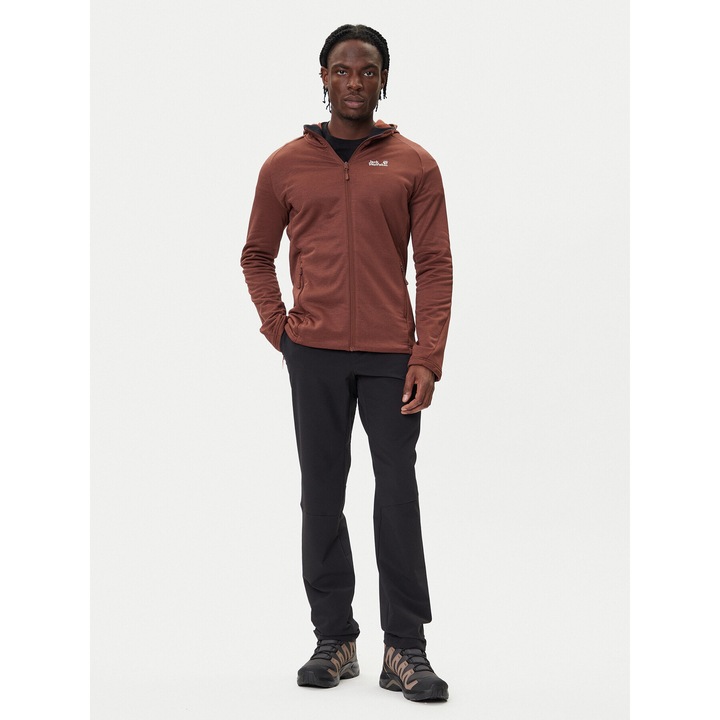Jacheta sport barbati, Jack Wolfskin, fermoar, culoare maro, 76% poliester reciclat, 100% captuseala poliester reciclat, S INTL