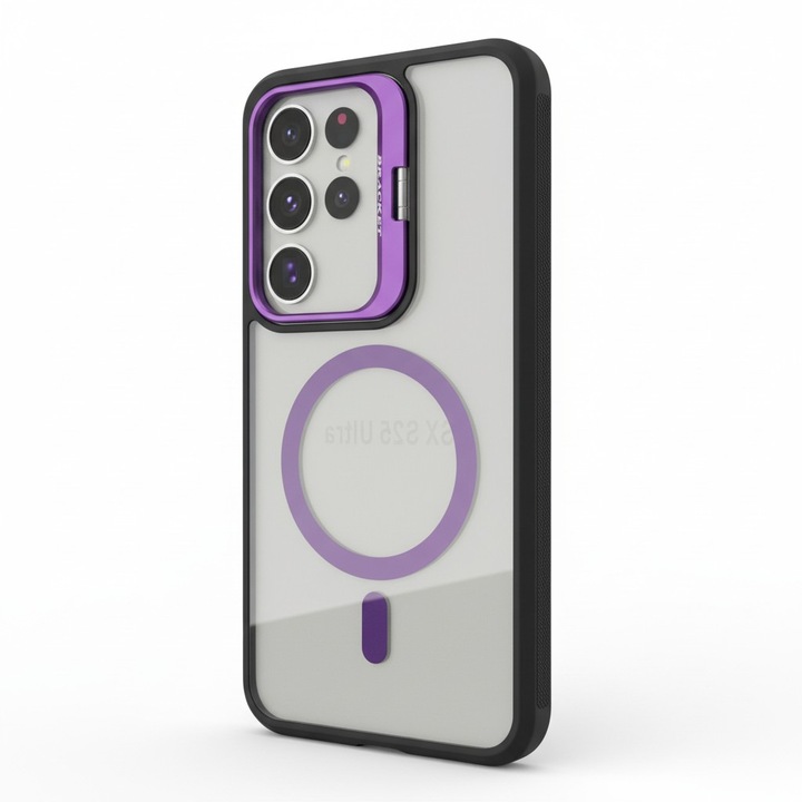 Husa Kickstand Lens, mata, pentru Samsung Galaxy S25 Ultra, Suport metalic integrat pentru obiectivul camerei, protectie rezistenta la socuri, Mov