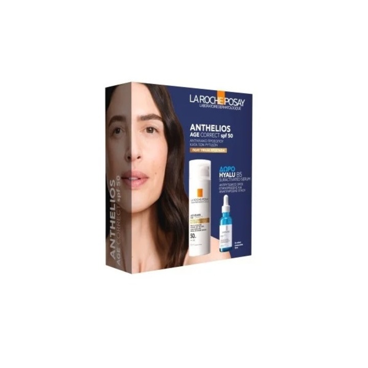 Set Crema fotocorectoare Anthelios Age Correct SPF50 50ml si ser Hyalu B5 10ml, La Roche-Posay, hidratare, pentru fata