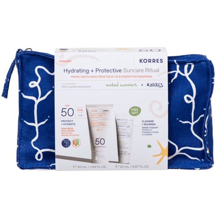 Set Korres Ritual de îngrijire solară - Cremă de față cu protecție solară SPF50 50 ml și Demachiant cu iaurt grecesc 20 ml, geantă de toaletă inclusă