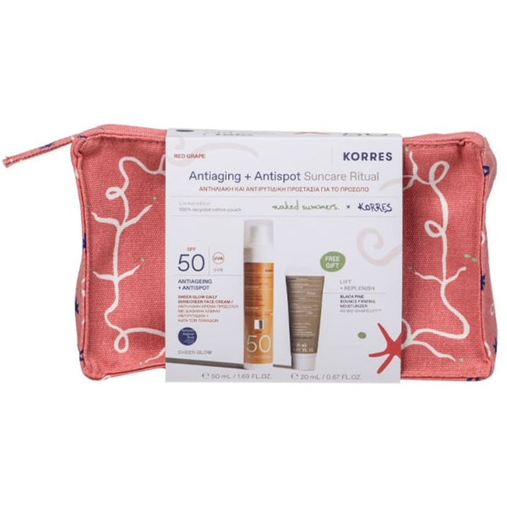 Set Korres Red Grape Sheer Glow SPF50 50ml si crema de zi Black Pine 4D Bounce 20ml, protectie solara 50+, hidratare si fermitate