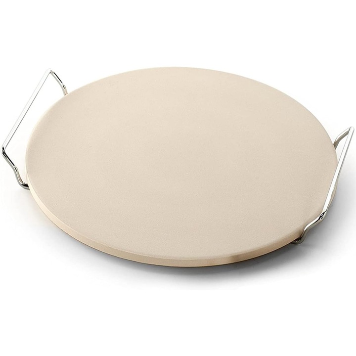 Set de piatra pentru pizza pentru cuptor si grila, piatra ceramica rotunda de 13 inci pentru grilarea pizzei, piatra de coacere pentru cuptor cu suport pentru servire