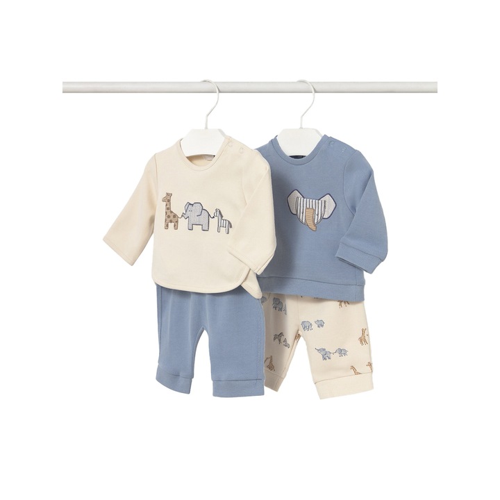 Set 2 perechi pantaloni trening si 2 bluze Mayoral, bumbac, ecru, albastru, 55 CM