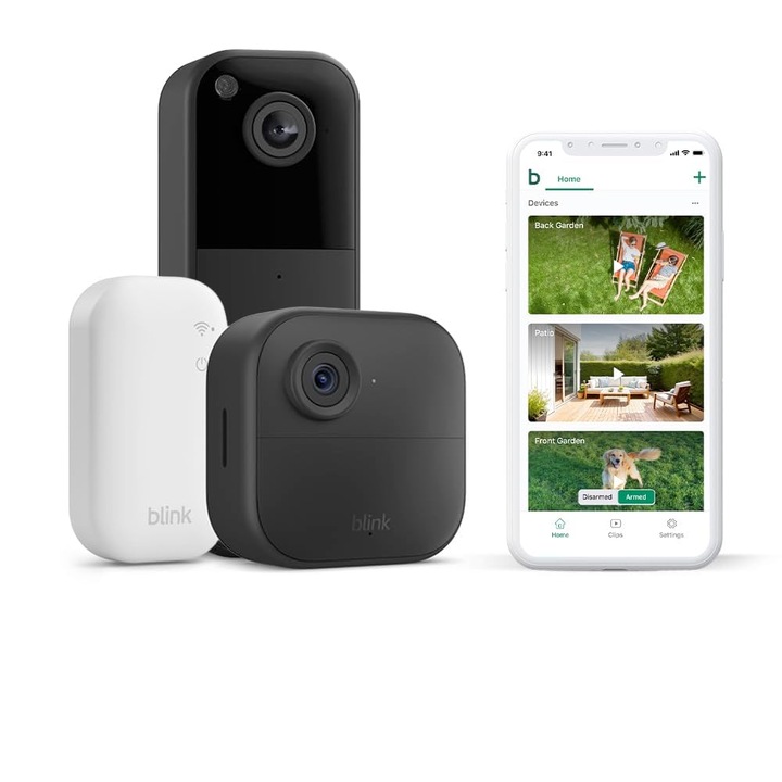 Blink Outdoor 4 megfigyelő kamera szett + videó csengő, Full HD 1080p, Vezeték nélküli, IP65, mozgásérzékelés, Alexa kompatibilis, kétirányú hang, IR éjjellátó, fekete