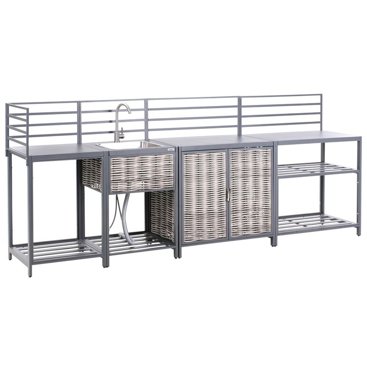 Set bucatarie de exterior format din 4 piese cu chiuveta Mirador Ratan sintetic Gri