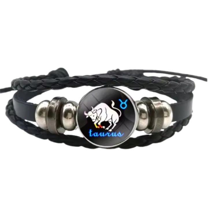 Bratara din piele ecologica, CRT, zodiacal Taur, reglabila, neagra