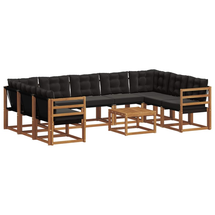 vidaXL Kültéri kanapé szett 10 pcs Természetes és fekete Tömör Akácfa 3369063