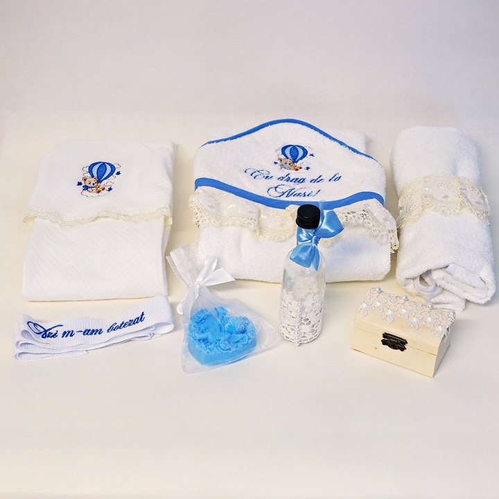 Trusou Botez Teddy Albastru Balloon, 7 piese, 100% bumbac, brodat, 80x80cm, 90x90cm