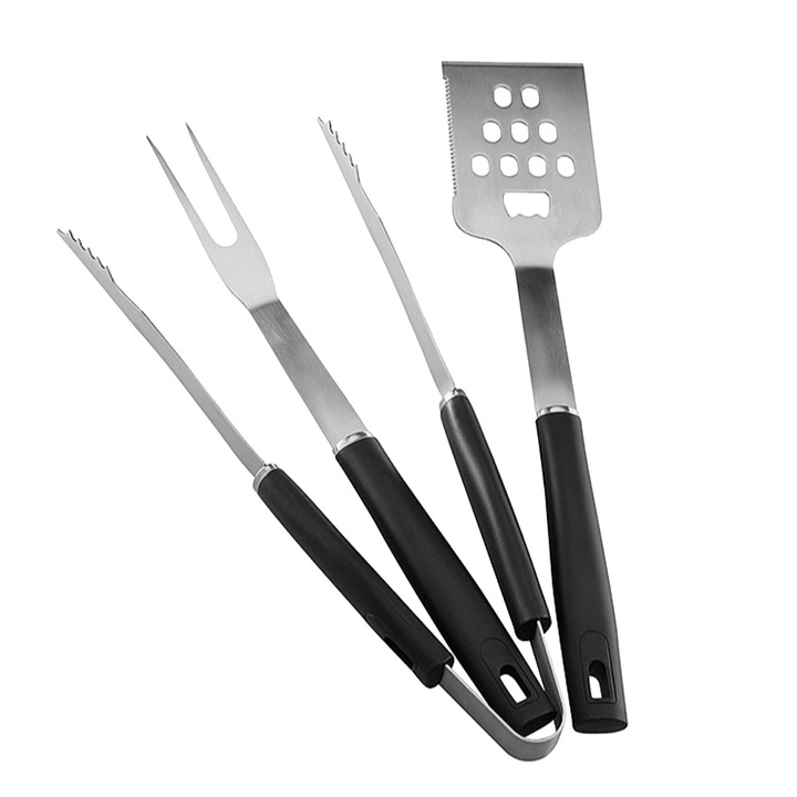 Set 3 ustensile pentru grătar Sersimo - spatula, clește, furculiță, inox, lemn