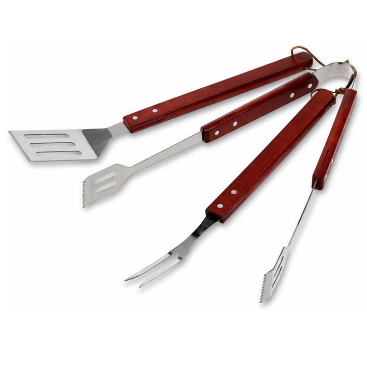 Set 3 ustensile pentru grătar Sersimo, inox, maner lemn, spatula 37x7cm, furculita 36x2.5cm, cleste 39x5.5cm