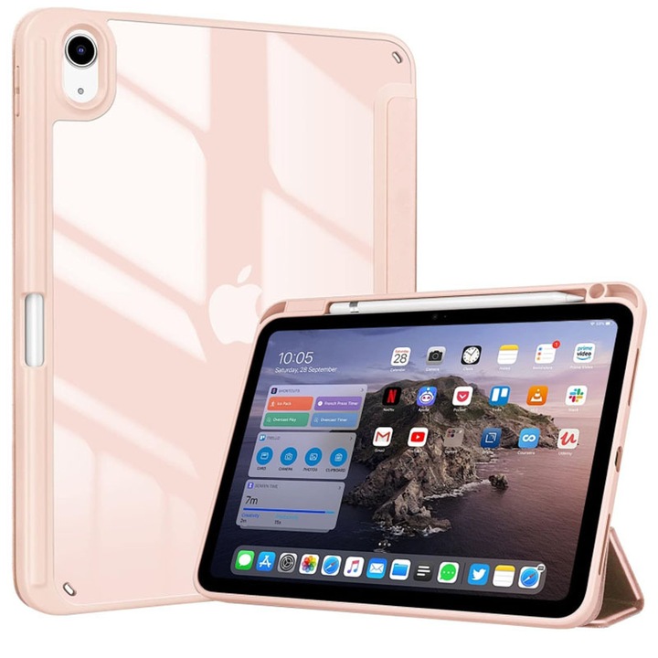 Husa de protectie pentru iPad 11 (A16）11 inch 2025 / iPad 10 10.9 inch 2022, cu spate transparent, suport pentru stilou, husa inteligenta cu suport pliabil in trei, Roz