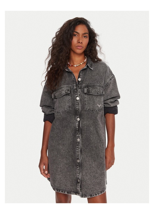 Rochie din denim Roxy, gri, bumbac, sistem de inchidere cu nasturi, S INTL
