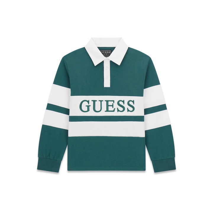 Bluza polo baieti, Guess, Model dungi, Verde/Alb, Bumbac, 128 CM