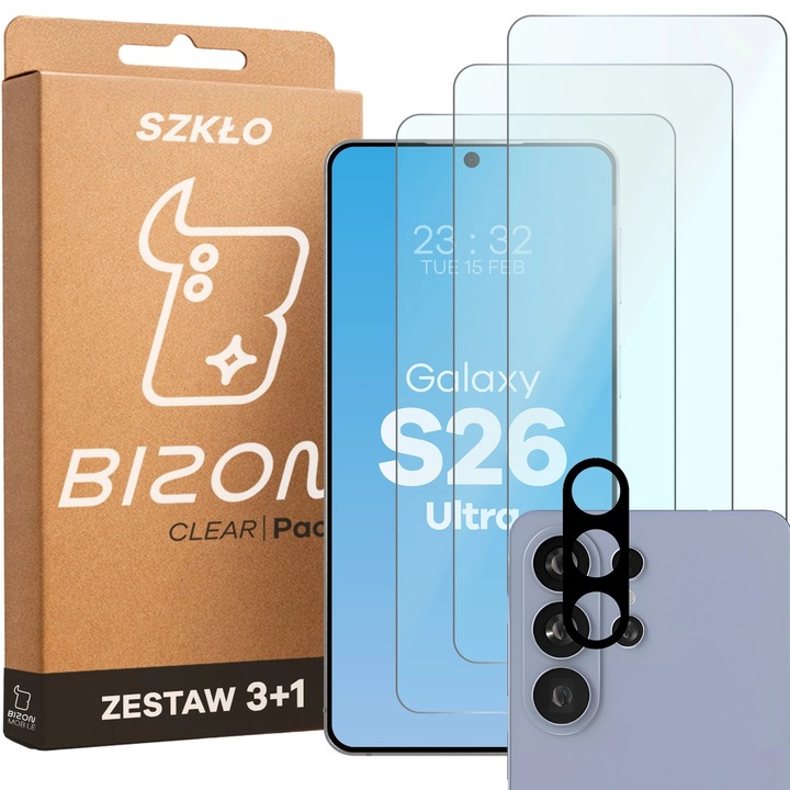Комплект 3 Стъклен протектор + стъкло за обектив, Bizon Glass Clear Pack за Galaxy S26 Ultra