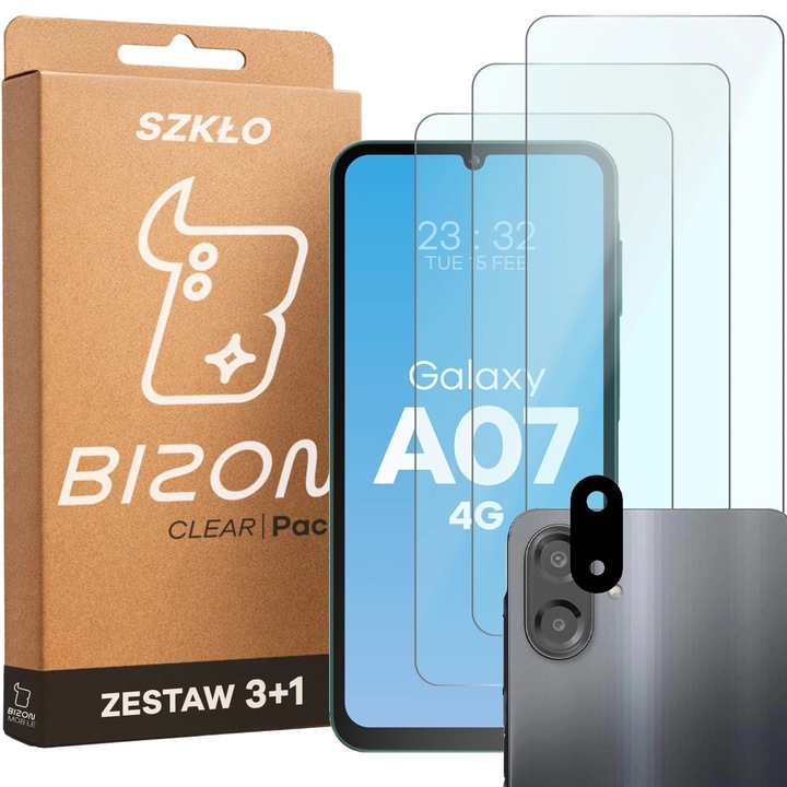 Комплект 3 Стъклен протектор + стъкло за обектив, Bizon Glass Clear Pack за Galaxy A07 4G