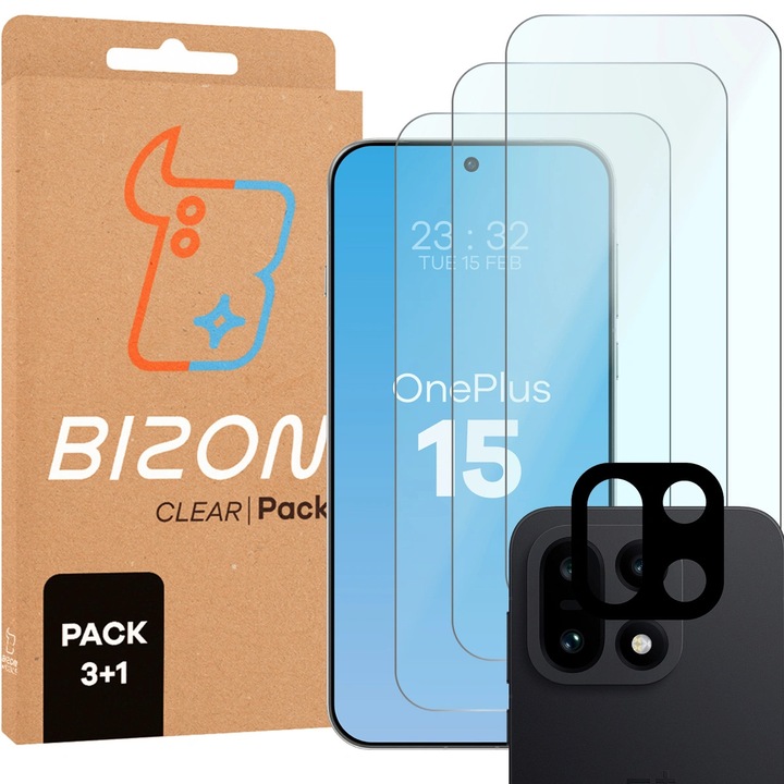 Комплект 3 Стъклен протектор + стъкло за обектив, Bizon Glass Clear Pack за OnePlus 15