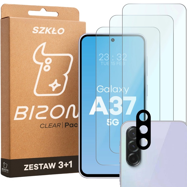 Комплект 3 Стъклен протектор + стъкло за обектив, Bizon Glass Clear Pack за Galaxy A37 5G