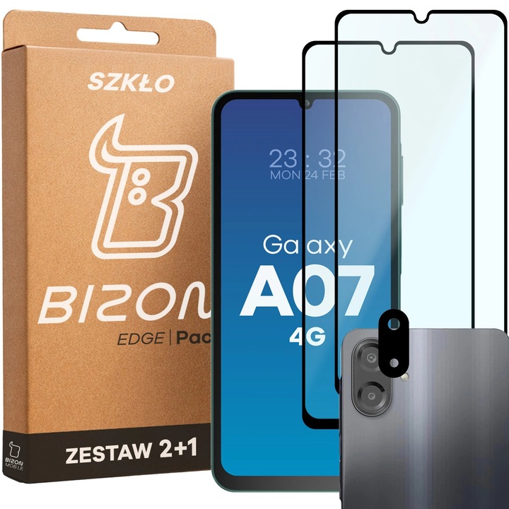 2x Стъклен протектор + Стъкло за обектив Bizon Edge Pack за Galaxy A07 4G