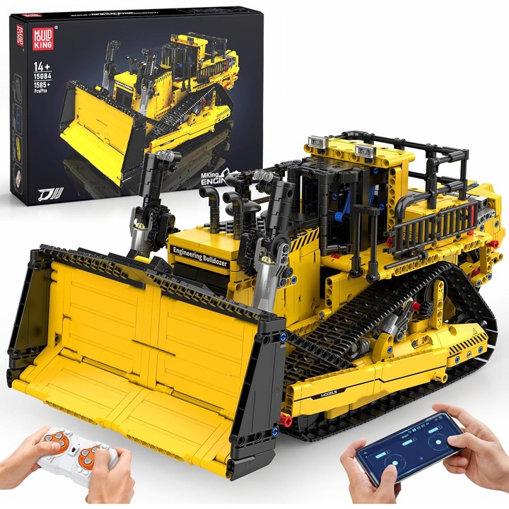 Set de constructie Mould King 15084 Mechanical Bulldozer – 1508 piese, Buldozer pe senile cu comanda prin aplicatie/telecomanda, Cadou Perfect pentru Fanii Vehiculelor de Constructii