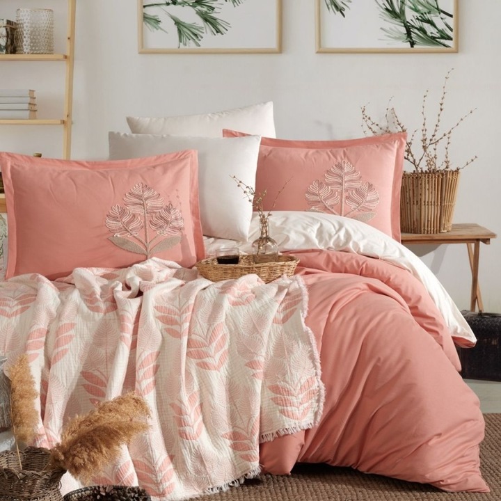 Set lenjerie pat dublu cu cuvertura muselina, bumbac 100% ranforce, 240x260 cm, 7 piese, Clasy Home, Loreva V3