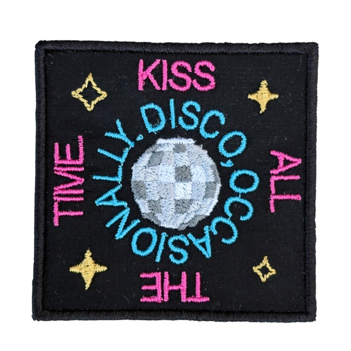 Patch textil brodat termoadeziv Kiss All The Time. Disco, Occasionally Harry Styles in multiple culori si glob disco