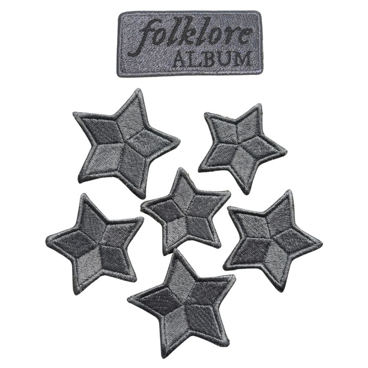 Set 6 patchuri textile brodate termoadezive, stele argintii si emblema folkore - The Foklore Cardigan