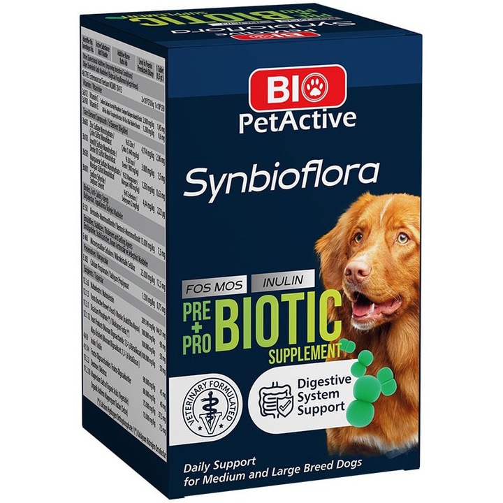 Supliment nutritiv pentru caini pentru caini Biopet Synbioflora (Prebiotics & Probiotics), 72g, 60 tablete