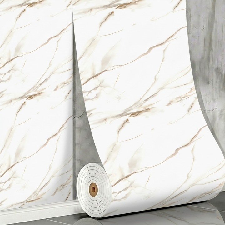 Rola Tapet 3D Teno®, model marmura, suprafata acoperire 3.6 mp, autoadeziva, waterproof, usor de montat, design modern, 3 x 1.2 m, alb dungat