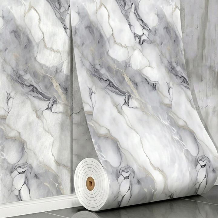 Rola Tapet 3D Teno®, model marmura, suprafata acoperire 3.6 mp, autoadeziva, waterproof, usor de montat, design modern, 3 x 1.2 m, argintiu