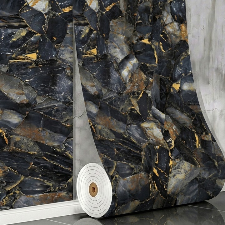 Rola Tapet 3D Teno®, model marmura, suprafata acoperire 3.6 mp, autoadeziva, waterproof, usor de montat, design modern, 3 x 1.2 m, negru marmotat