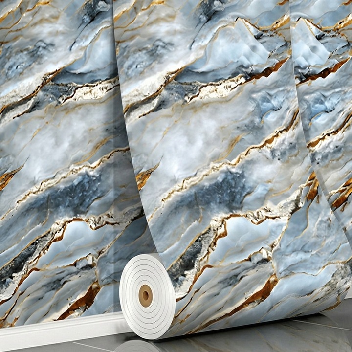Rola Tapet 3D Teno®, model marmura, suprafata acoperire 3.6 mp, autoadeziva, waterproof, usor de montat, design modern, 3 x 1.2 m, albastru deschis auriu
