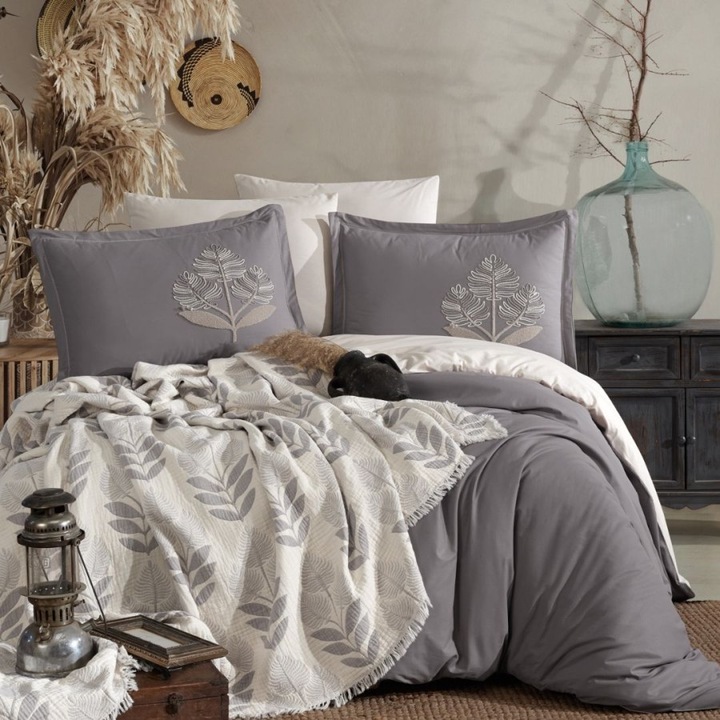 Dupla ágyneműhuzat muszlin takaróval, 100% pamut ranforce, 240x260 cm, 7 részes, Clasy Home, Loreva V4