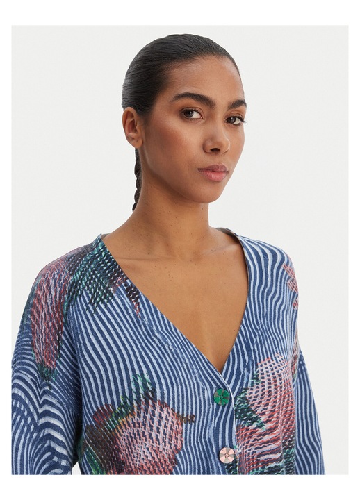 Cardigan dama, Desigual, bumbac, albastru, inchidere cu nasturi